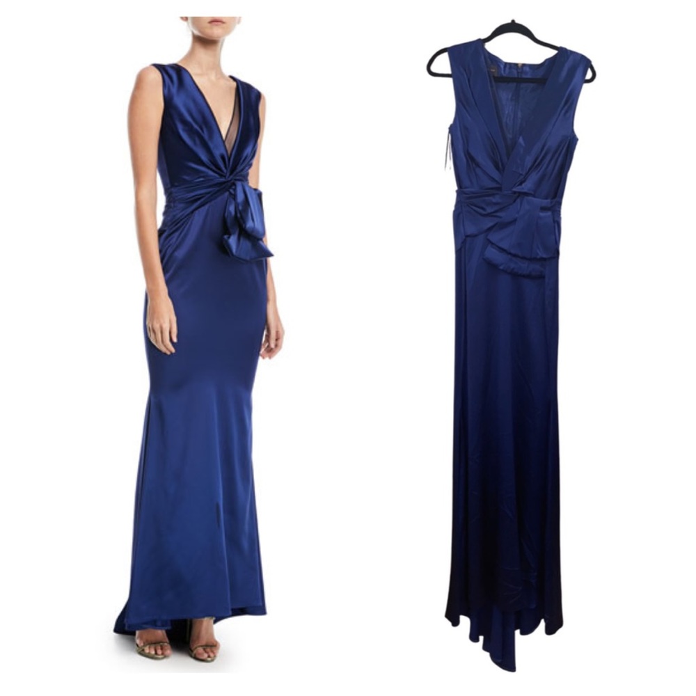 Talbot Runhof Bosworth navy wrap-effect satin gown